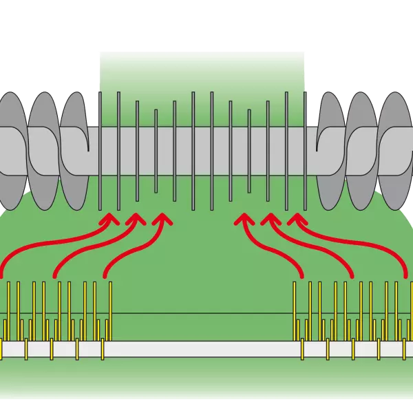 Une illustration montrant le foin entrant dans le rotor intégral de la presse à balles rondes