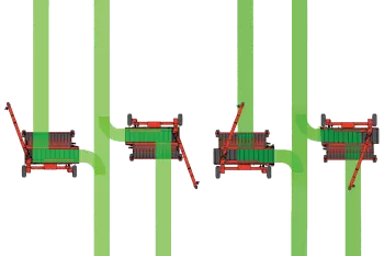 Illustration des différentes options que peut offrir l’andaineur à tapis Merge Maxx 300 de KUHN pour regrouper le fourrage.